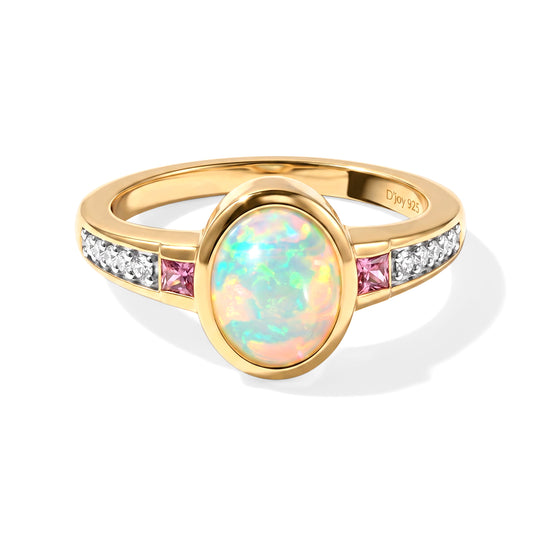 D’joy Natürlicher, äthiopischer Welo Opal, Rosa Saphir Ring 925 Silber vergoldet (Größe 16.00) ca. 1,36 ct