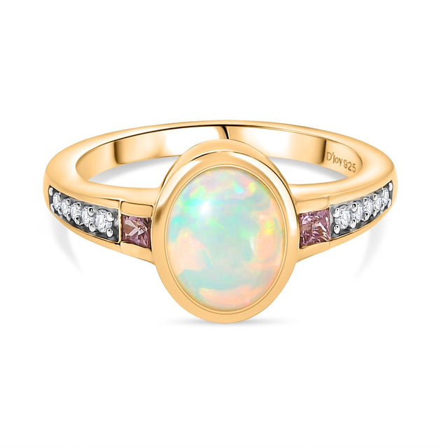 D'joy Natürlicher, äthiopischer Welo Opal, Smaragd Ring 925 Silber vergoldet