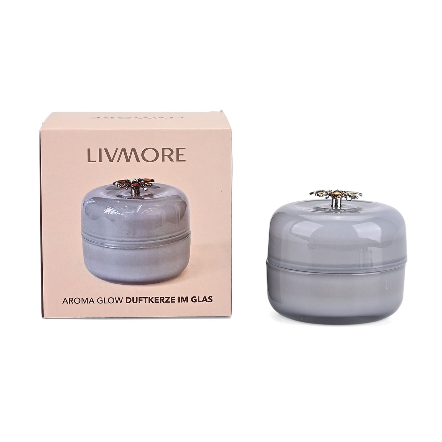 LIVMORE - Duftkerze im Glas-Dose mit Kristall-Biene, 24 Std. Brenndauer, 120g, 3,6 ml ätherisches Öl, Lavendel und Jasmin, Himmelblau