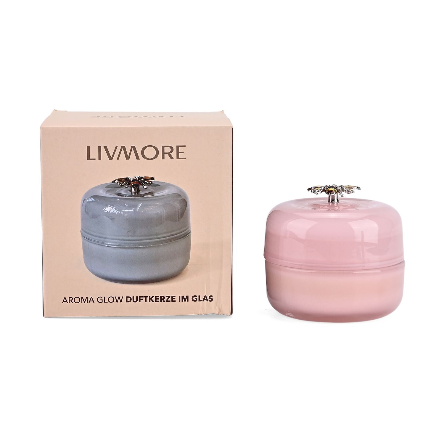 LIVMORE - Duftkerze im Glas mit Bienenmotiv,  24 Std. Brenndauer, 120g, 3,6 ml ätherisches Öl, Lavendel und Jasmin, Rosa
