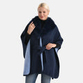 LA MAREY Poncho mit Kunstfellkragen und Gürtel, Einheitsgröße, 80x103cm, Blau