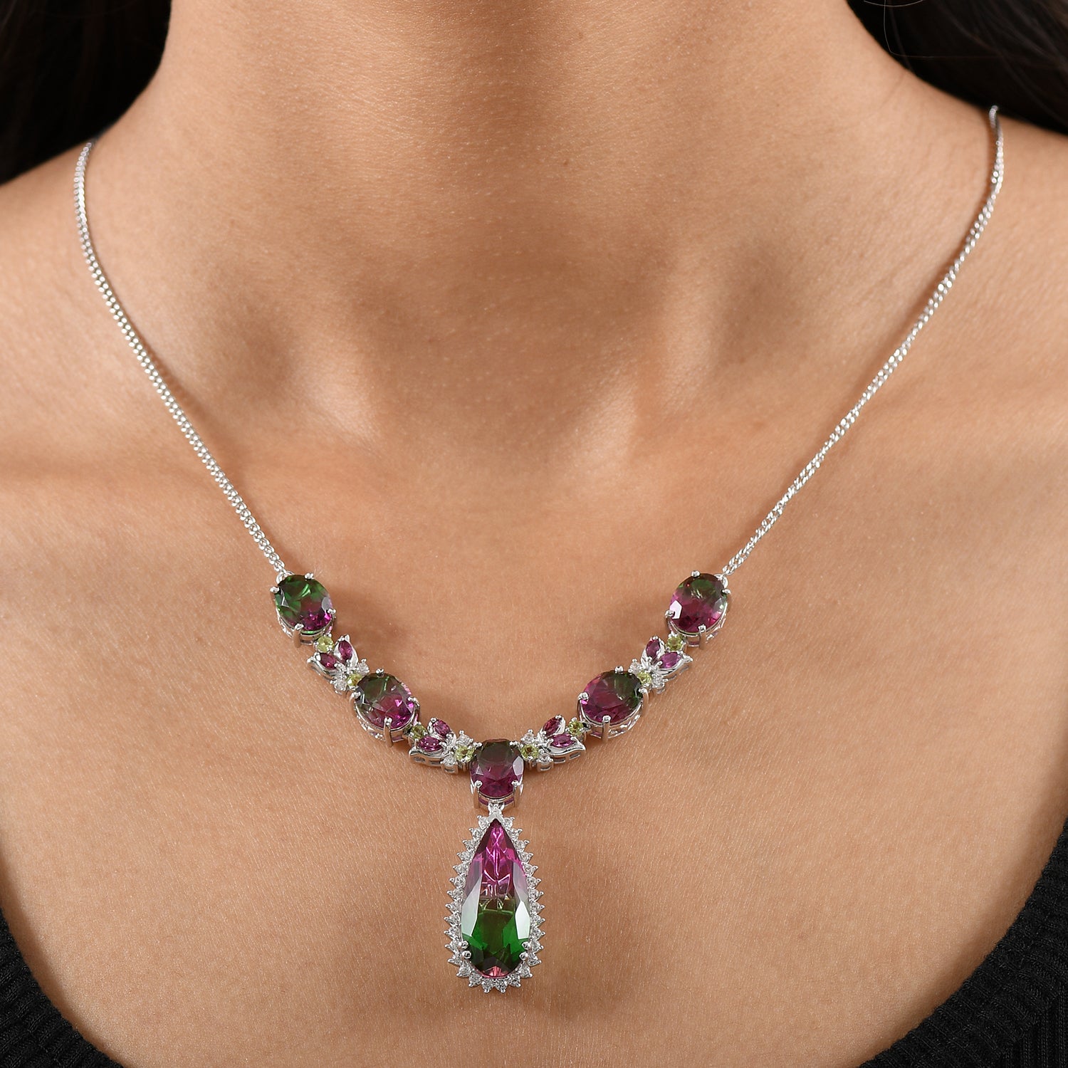 Garden Majesty - D joy Wassermelonen Quarz Triplette Halskette ca. 45 cm 925 Silber rhodiniert ca. 27,56 ct.