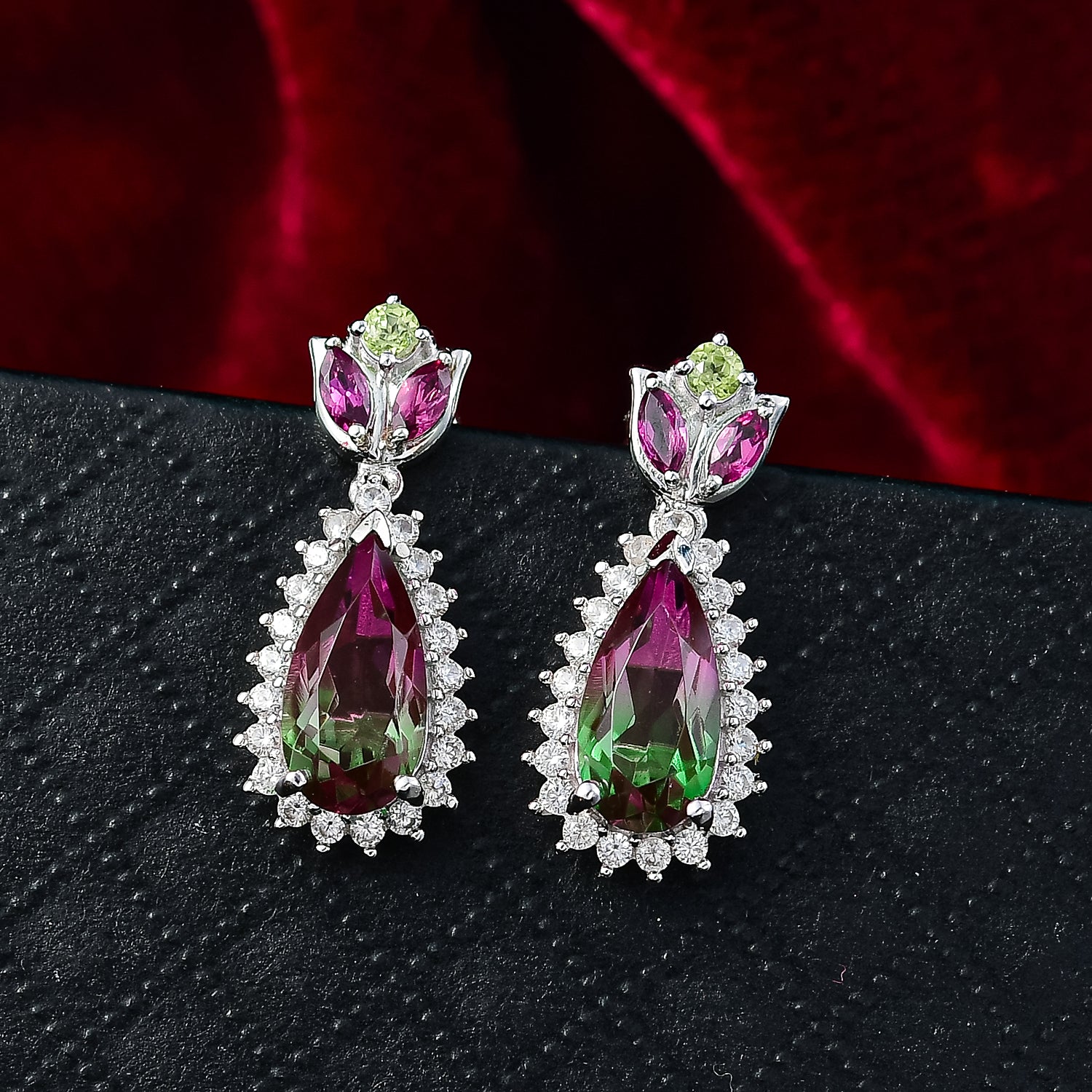 Garden Majesty - D joy Wassermelonen Quarz Triplette, Rhodolith Granat Ohrringe 925 Silber rhodiniert ca. 5,27 ct.