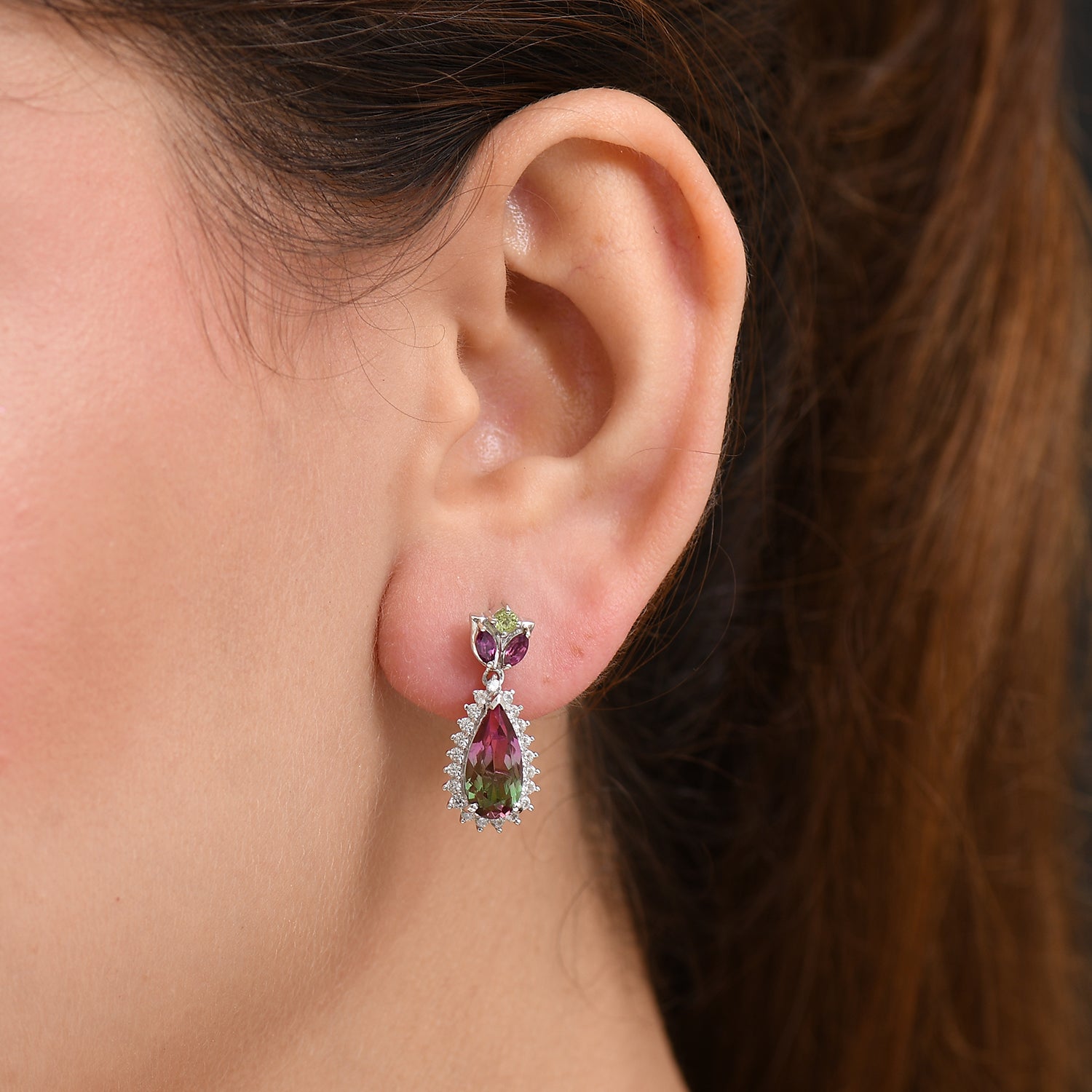 Garden Majesty - D joy Wassermelonen Quarz Triplette, Rhodolith Granat Ohrringe 925 Silber rhodiniert ca. 5,27 ct.