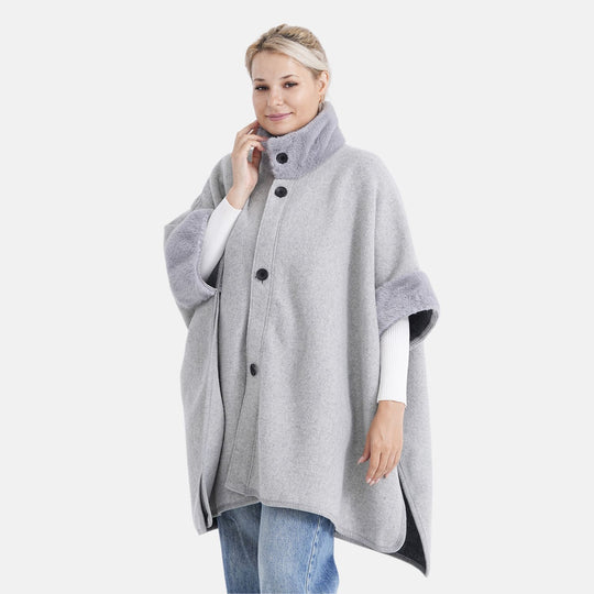 LA MAREY - Signature Kunstfell-Poncho mit Plüschkragen und Umschlagärmeln, Einheitsgröße, Tiefschwarz