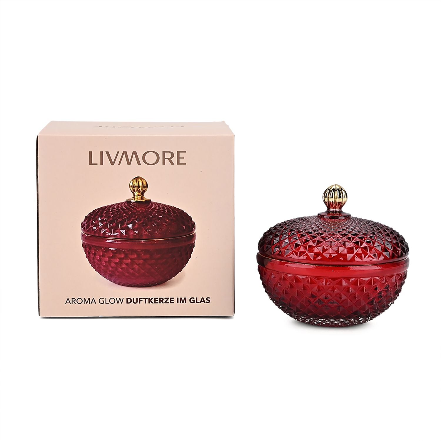LIVMORE - Duftkerze im dekorativen Glas, Amber und Pfingstrose, 36 Std. Brenndauer, Burgunder