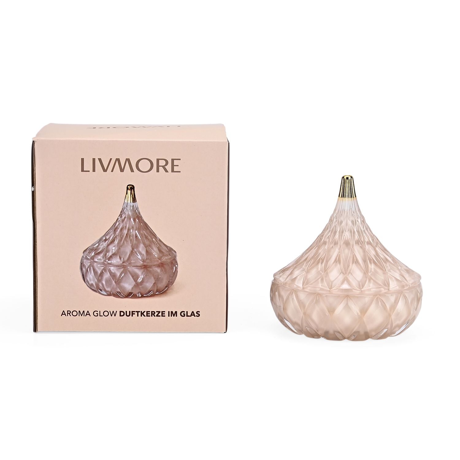 LIVMORE - Duftkerze Winterzauber-Design, 25 Std. Brenndauer, 150g, 4,5 ml ätherisches Öl, Rose und Bergamotte, Rosa-Beige