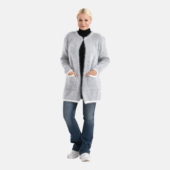 Kuschelweicher, langer Übergangs-Cardigan mit 2 Taschen, gestrickt, Hellgrau