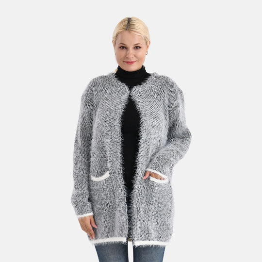Kuschelweicher, langer Übergangs-Cardigan mit 2 Taschen, gestrickt, Hellgrau