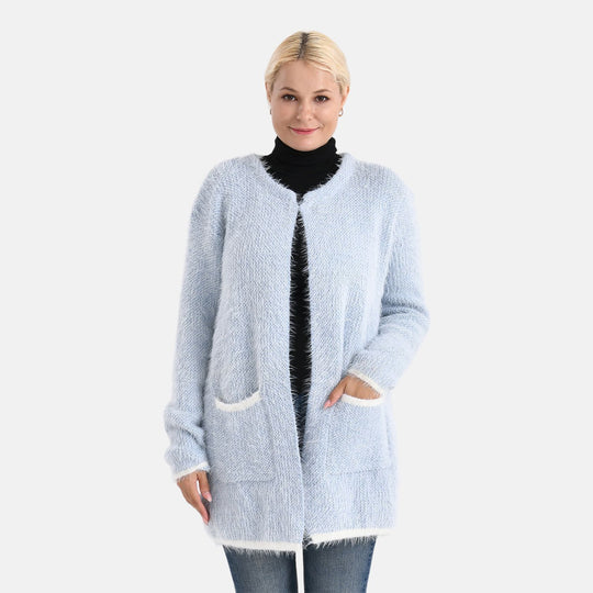 Kuschelweicher, langer Übergangs-Cardigan mit 2 Taschen, gestrickt, Hellgrau