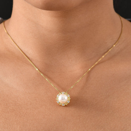 Süßwasser Perle (9.5 mm), Weißer Zirkon Anhänger, Messing