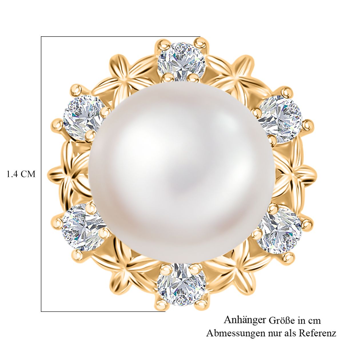 Süßwasser Perle (9.5 mm), Weißer Zirkon Anhänger, Messing