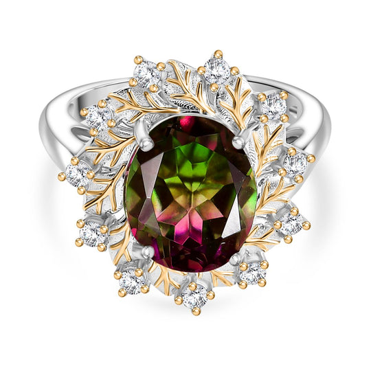 Bloomfire - D joy Wassermelonen Quarz Triplette, Weißer Zirkon Ring, 925 Silber platiniert und vergoldet (Größe 21.00) ca. 4.17 ct
