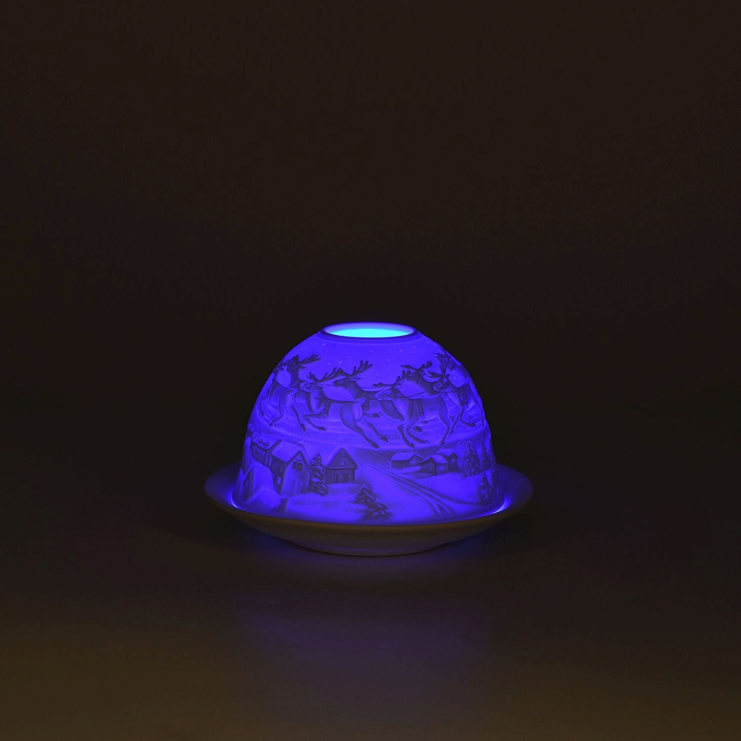 LED-Porzellan-Teelichthalter - Motiv Weihnachtsmann und Rentier, 13-Farben-LED mit Fernbedienung, Durchmesser 10,5 cm, Höhe 7,5 cm