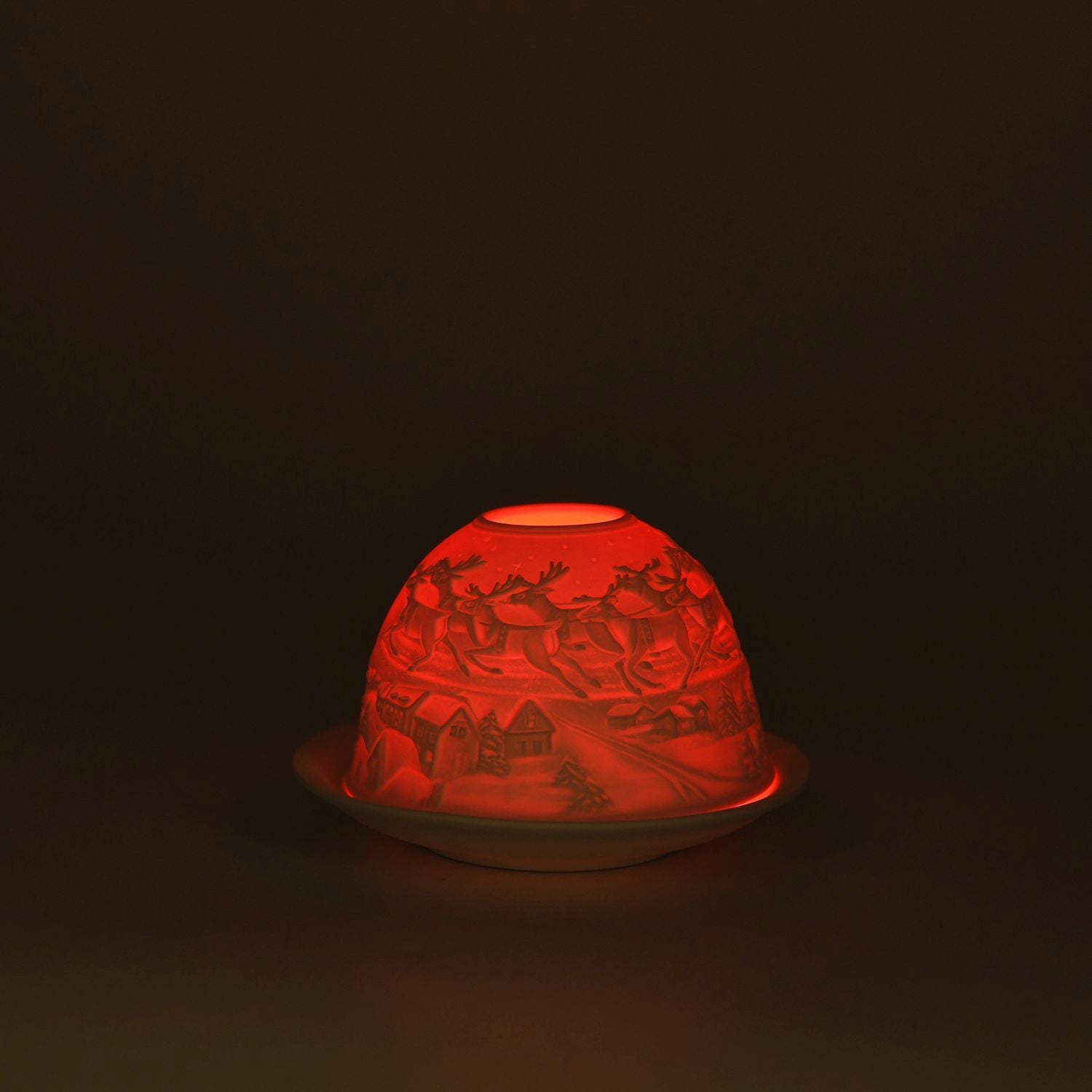LED-Porzellan-Teelichthalter - Motiv Weihnachtsmann und Rentier, 13-Farben-LED mit Fernbedienung, Durchmesser 10,5 cm, Höhe 7,5 cm