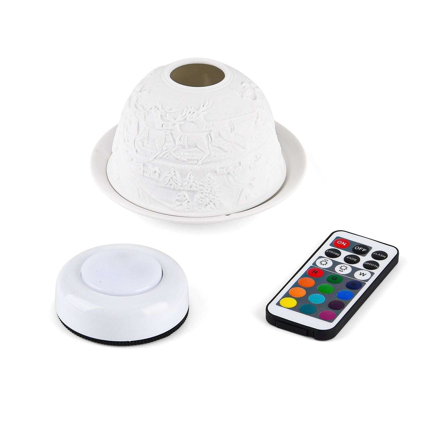 LED-Porzellan-Teelichthalter - Motiv Weihnachtsmann und Rentier, 13-Farben-LED mit Fernbedienung, Durchmesser 10,5 cm, Höhe 7,5 cm