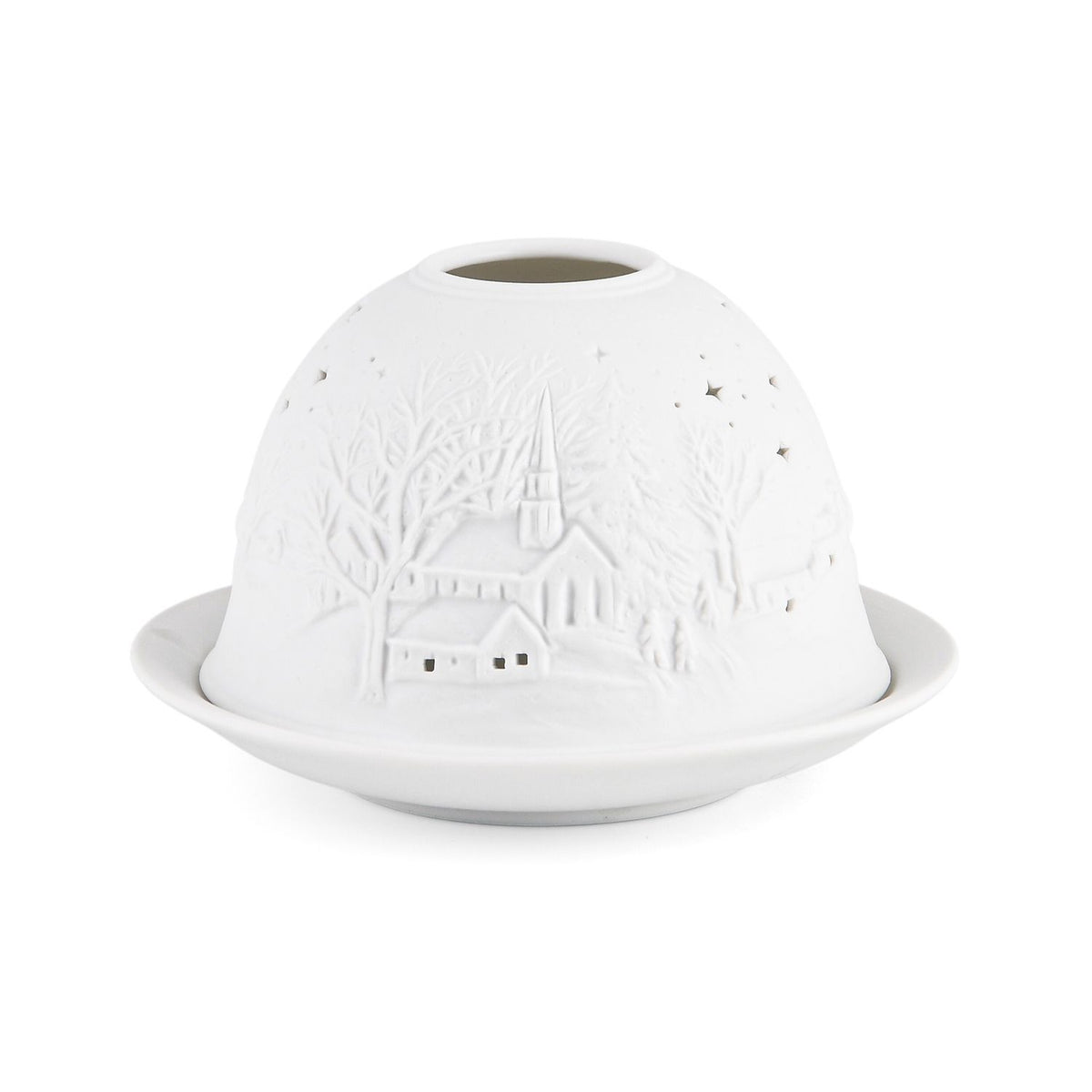LED-Porzellan-Teelichthalter - Motiv Winterkapelle, 13-Farben-LED mit Fernbedienung, Durchmesser 10,5 cm, Höhe 7,5 cm