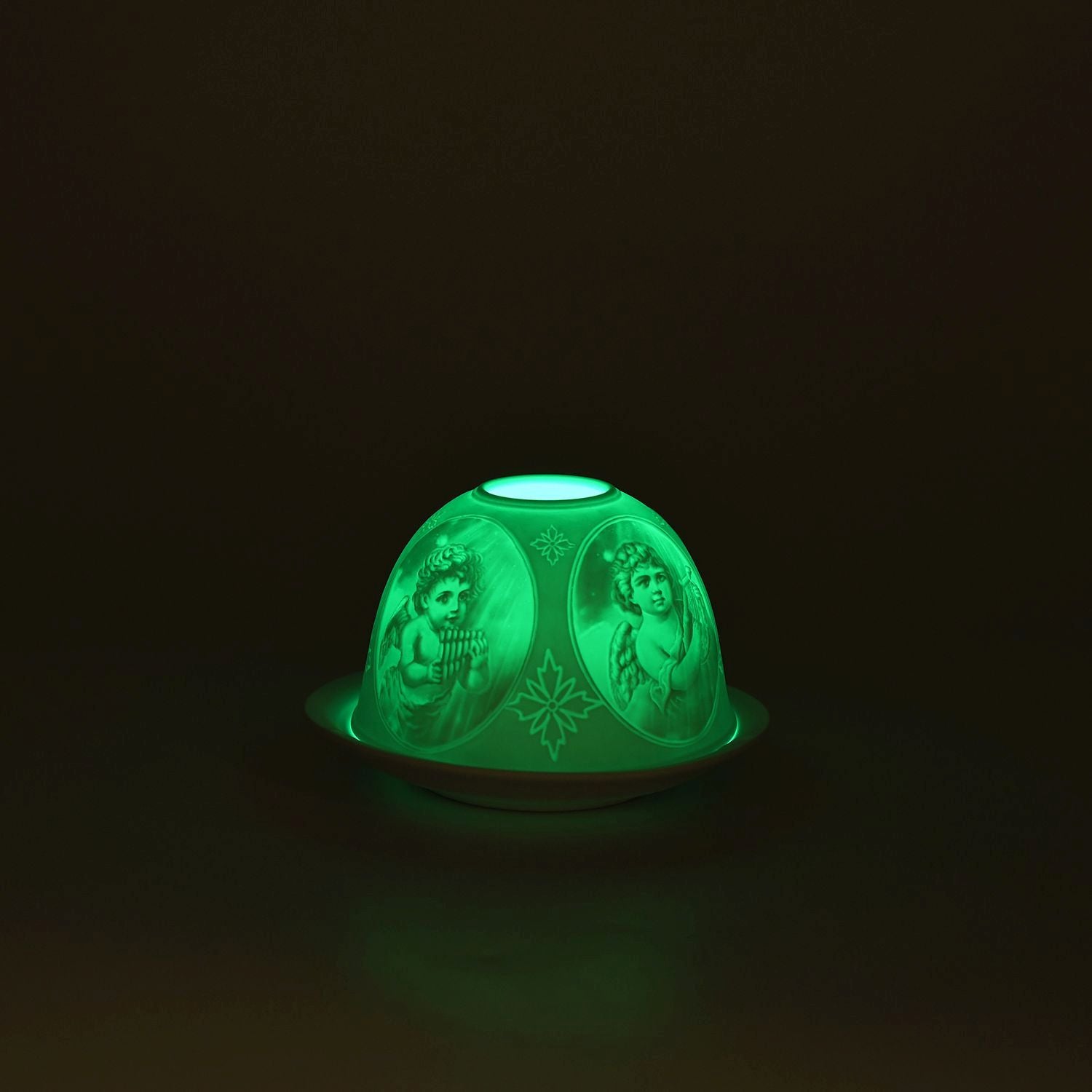 LED-Porzellan-Teelichthalter - Motiv Engel, 13-Farben-LED mit Fernbedienung, Durchmesser 10,5 cm, Höhe 7,5 cm