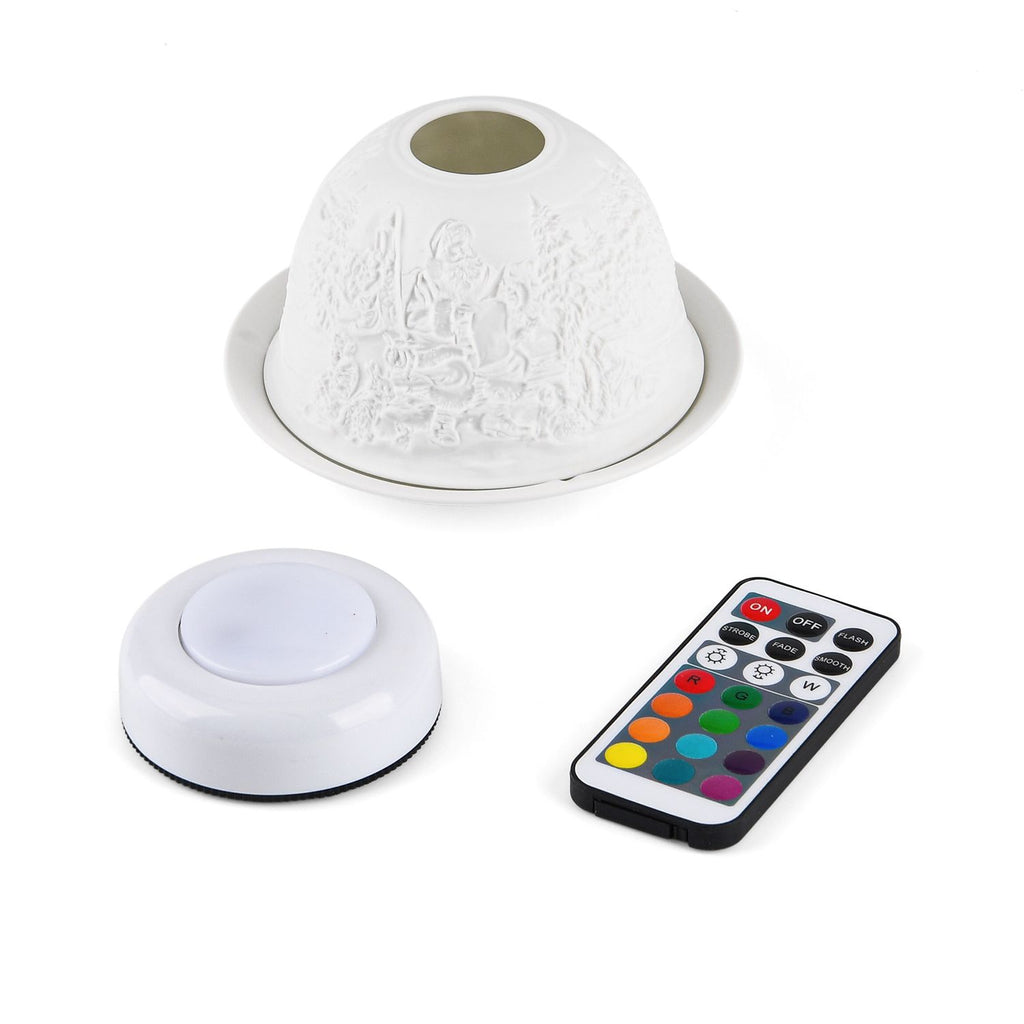 LED-Porzellan-Teelichthalter - Motiv Weihnachtsmann und Schneemann, 13-Farben-LED mit Fernbedienung, Durchmesser 10,5 cm, Höhe 7,5 cm