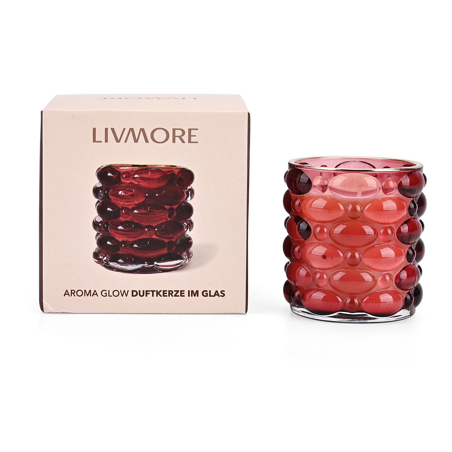 LIVMORE - Duftkerze im strukturierten Glas, 48 Std. Brenndauer, 280g, 8,4 ml ätherisches Öl,  Pink Champagner, 48 Std. Brenndauer, Rot