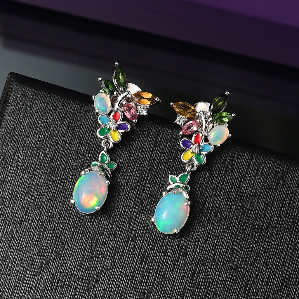 D joy AA Natürlicher, äthiopischer Welo Opal, Mehrfarbige-Turmalin Ohrringe, 925 Silber rhodiniert ca. 2,73 ct.