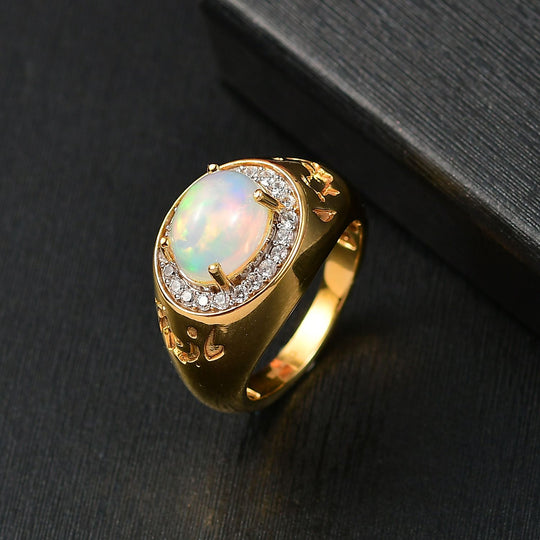 D'Joy AA Natürlicher, äthiopischer Welo Opal, Weißer Zirkon Ring 925 Silber 750 Gelbgold Vermeil (Größe 20.00) ca. 2,13 ct