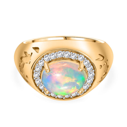 D'Joy AA Natürlicher, äthiopischer Welo Opal, Weißer Zirkon Ring 925 Silber 750 Gelbgold Vermeil (Größe 20.00) ca. 2,13 ct