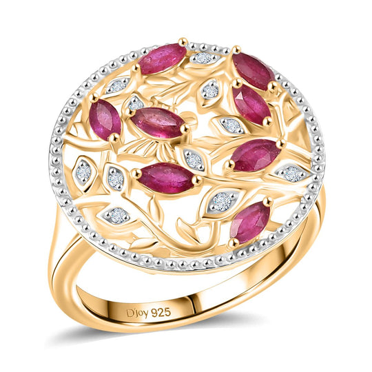 Garten der Kronjuwelen-D joy Afrikanischer Rubin (Fissure gefüllt), Weißer Zirkon Ring 925 Silber 750 Gelb Vergoldet (Größe 17.00) ca. 0,90 ct