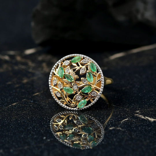Djoy Kagem Sambischer Smaragd, Weißer Zirkon Ring 925 Silber 750 Gelb Vergoldet (Größe 17.00) ca. 0,66 ct