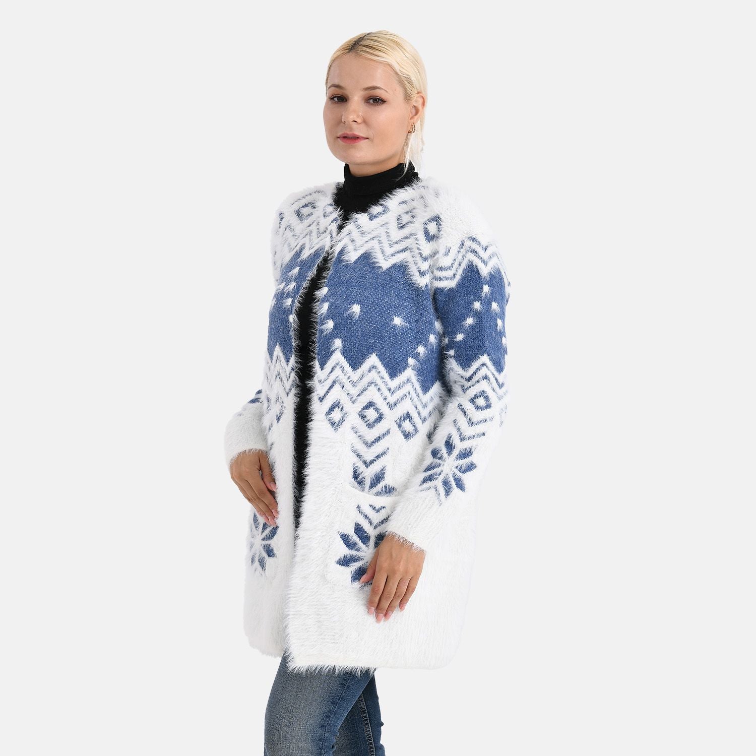 Cardigan mit abstraktem Blumenmuster und Taschen, One Size, Länge 78 cm, Blau