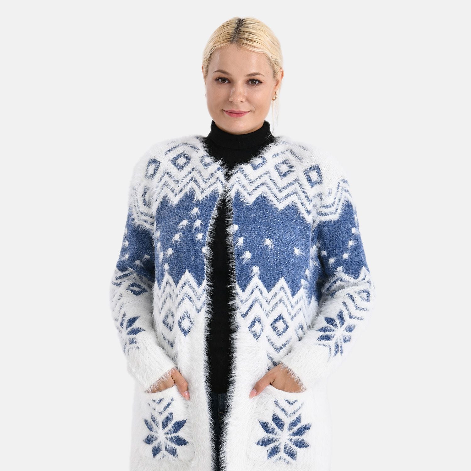 Cardigan mit abstraktem Blumenmuster und Taschen, One Size, Länge 78 cm, Blau