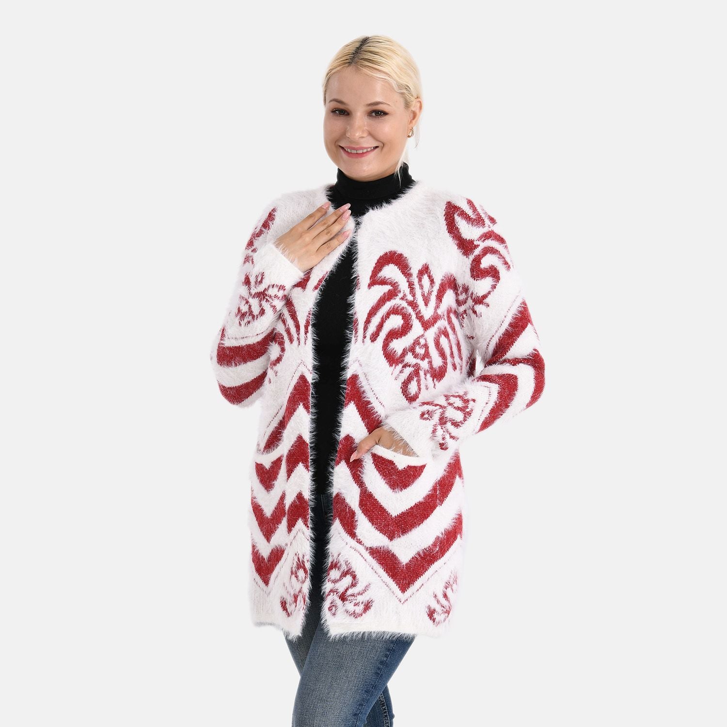 Cardigan mit abstraktem Blumenmuster und Taschen, One Size, Länge 78 cm, Rot