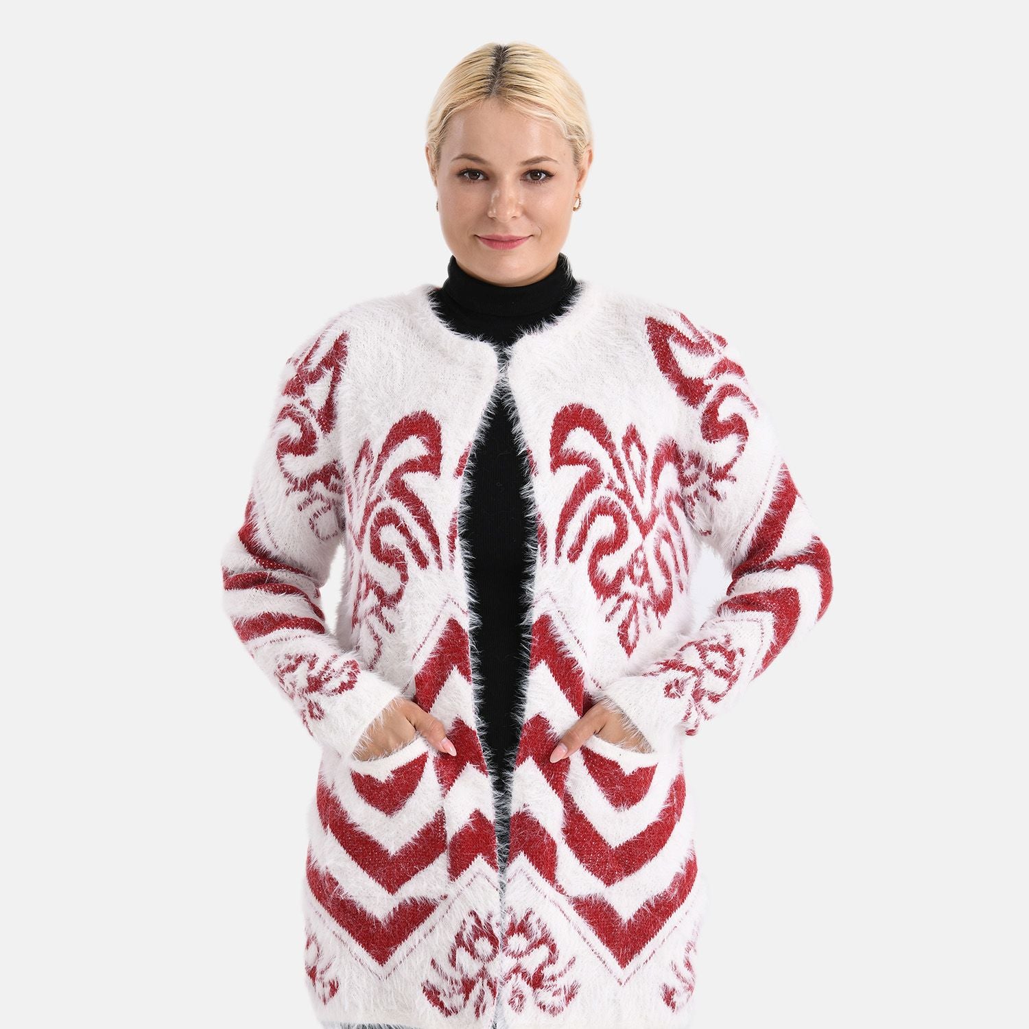 Cardigan mit abstraktem Blumenmuster und Taschen, One Size, Länge 78 cm, Rot