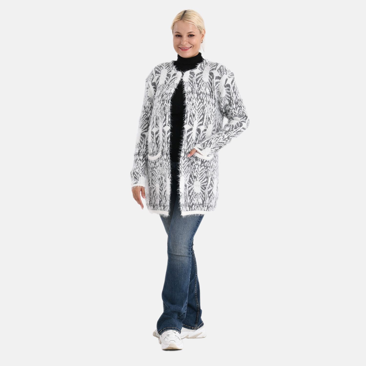 Cardigan mit abstraktem Blumenmuster und Taschen, One Size, Länge 78 cm, Grau