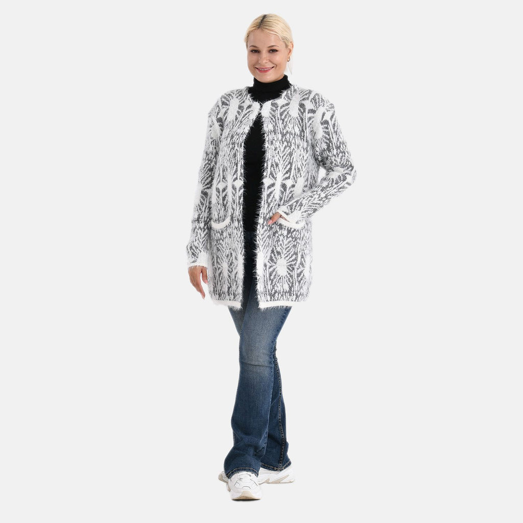 Cardigan mit abstraktem Blumenmuster und Taschen, One Size, Länge 78 cm, Grau