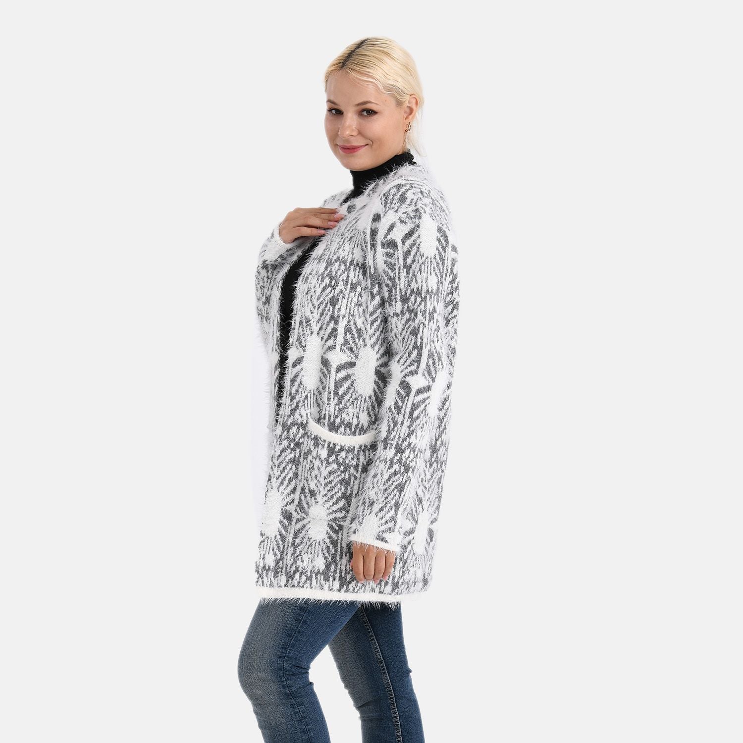 Cardigan mit abstraktem Blumenmuster und Taschen, One Size, Länge 78 cm, Grau