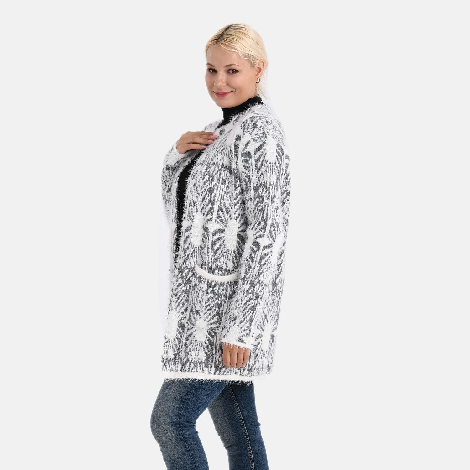 Cardigan mit abstraktem Blumenmuster und Taschen, One Size, Länge 78 cm, Grau