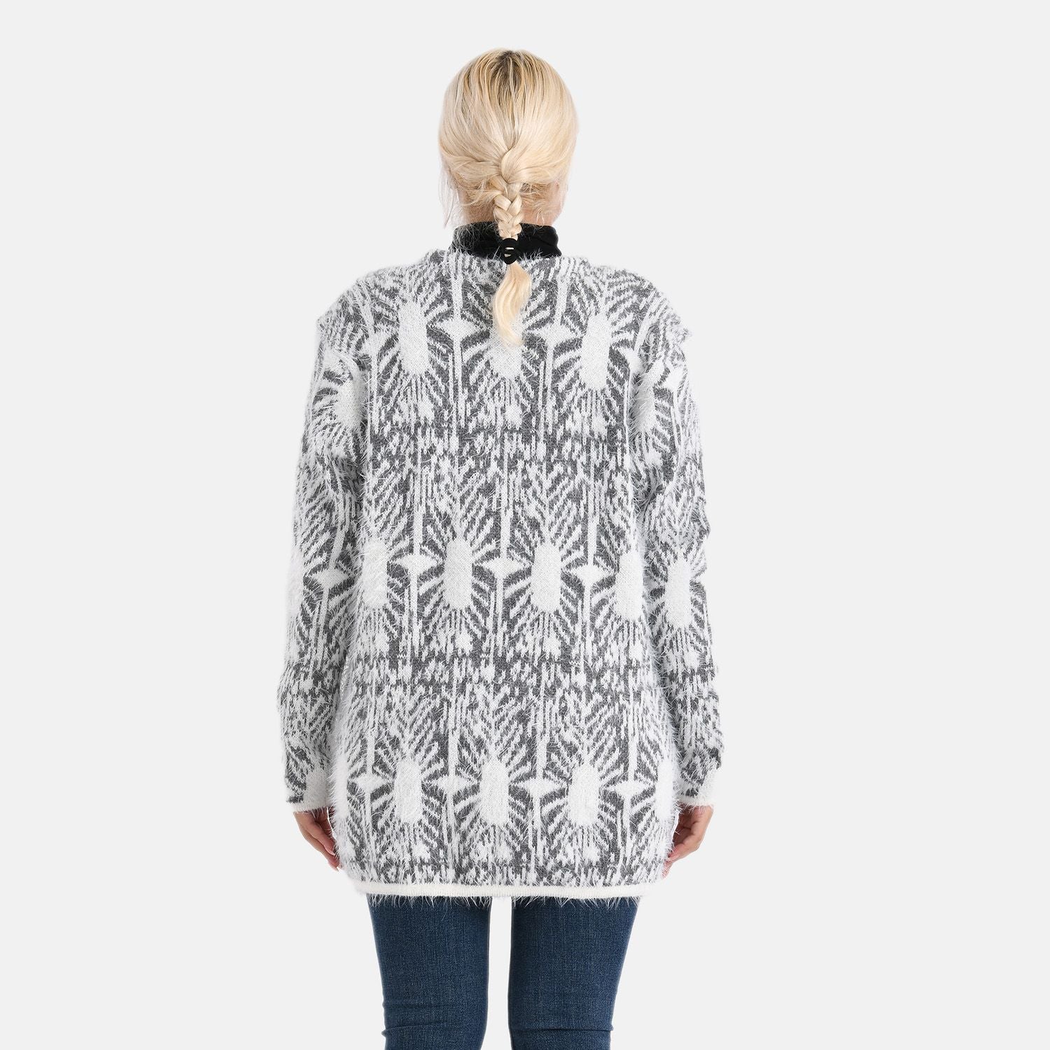 Cardigan mit abstraktem Blumenmuster und Taschen, One Size, Länge 78 cm, Grau