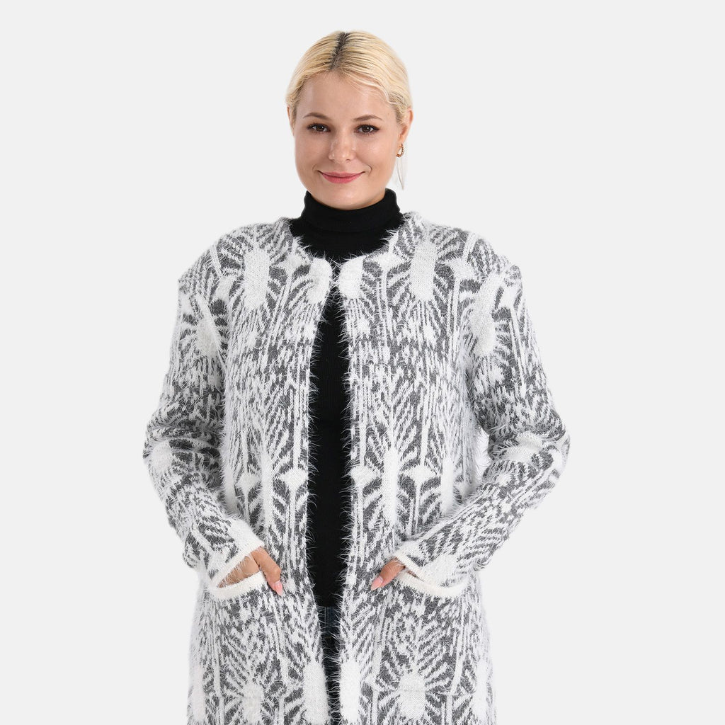 Cardigan mit abstraktem Blumenmuster und Taschen, One Size, Länge 78 cm, Grau
