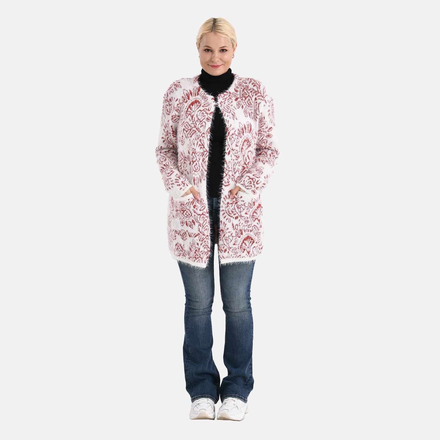 Cardigan mit abstraktem Blumenmuster und Taschen, One Size, Länge 78 cm, Rot