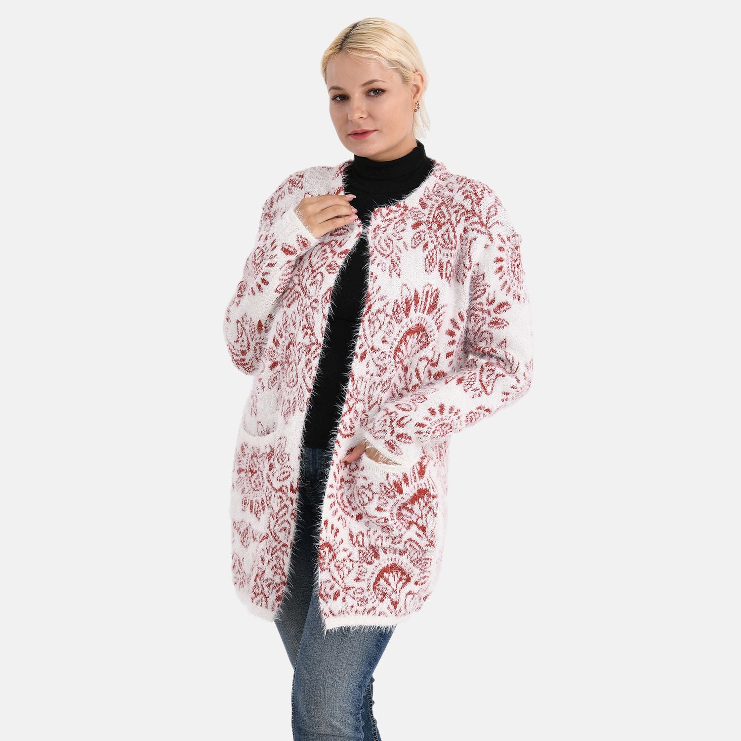 Cardigan mit abstraktem Blumenmuster und Taschen, One Size, Länge 78 cm, Rot