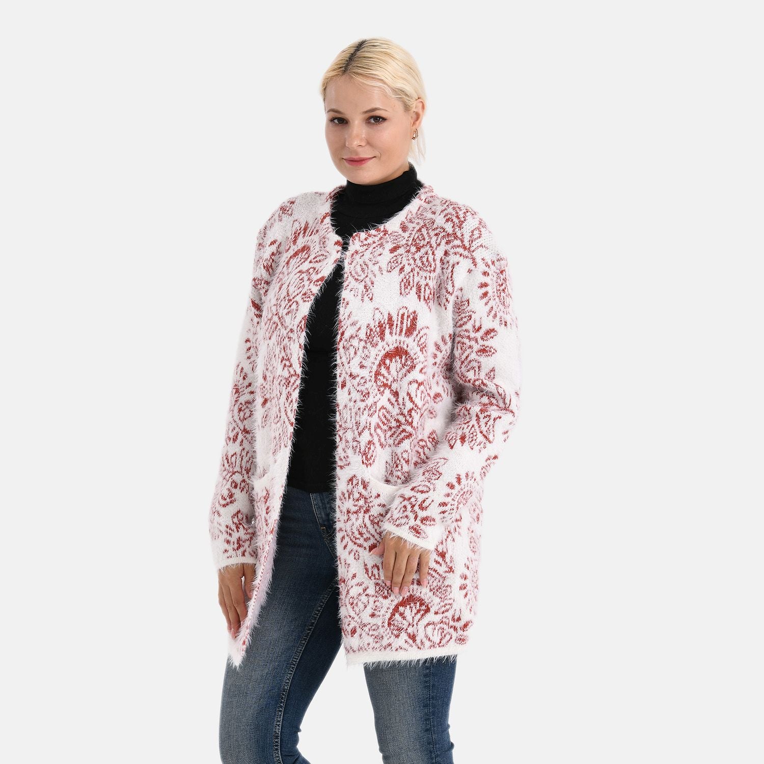 Cardigan mit abstraktem Blumenmuster und Taschen, One Size, Länge 78 cm, Rot