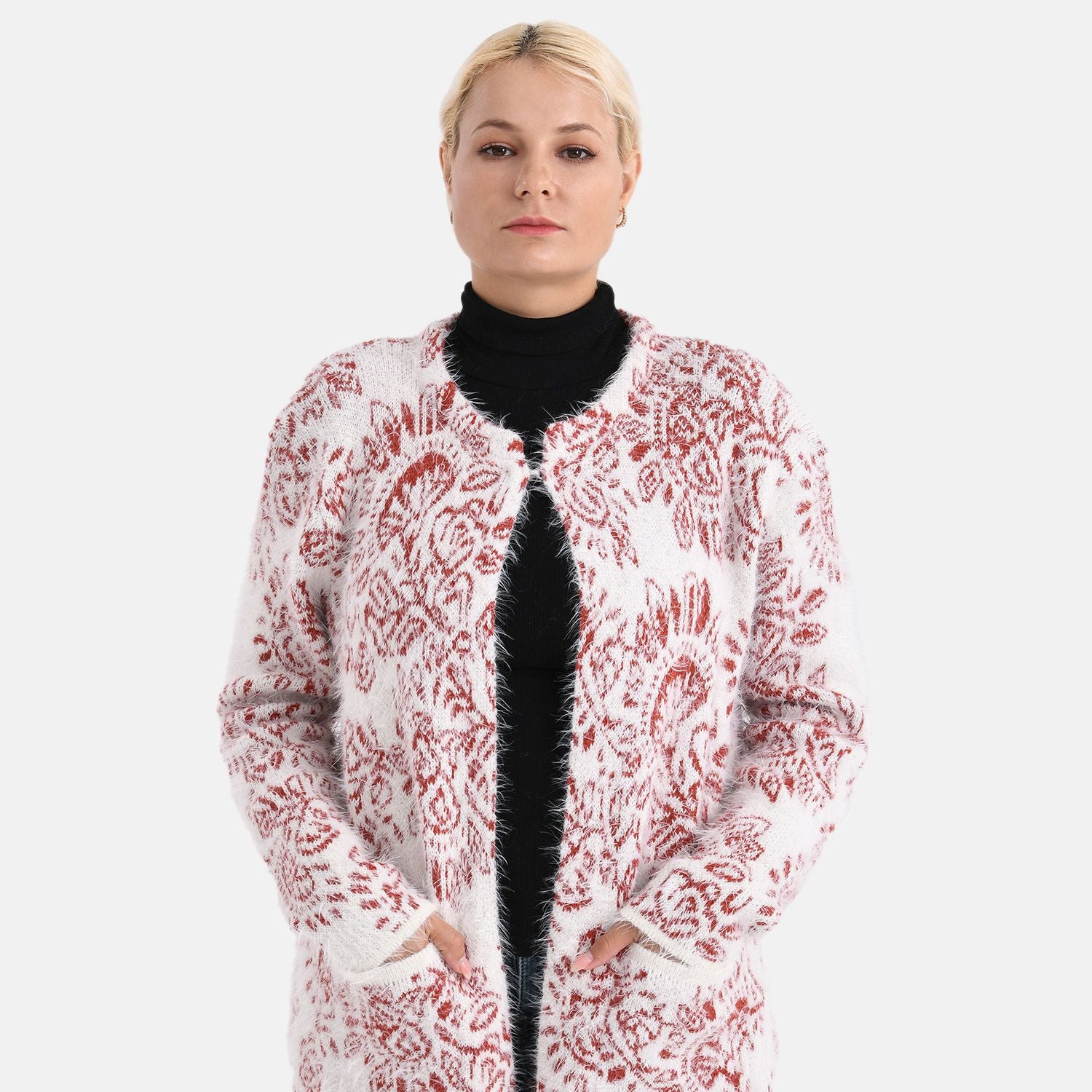 Cardigan mit abstraktem Blumenmuster und Taschen, One Size, Länge 78 cm, Rot
