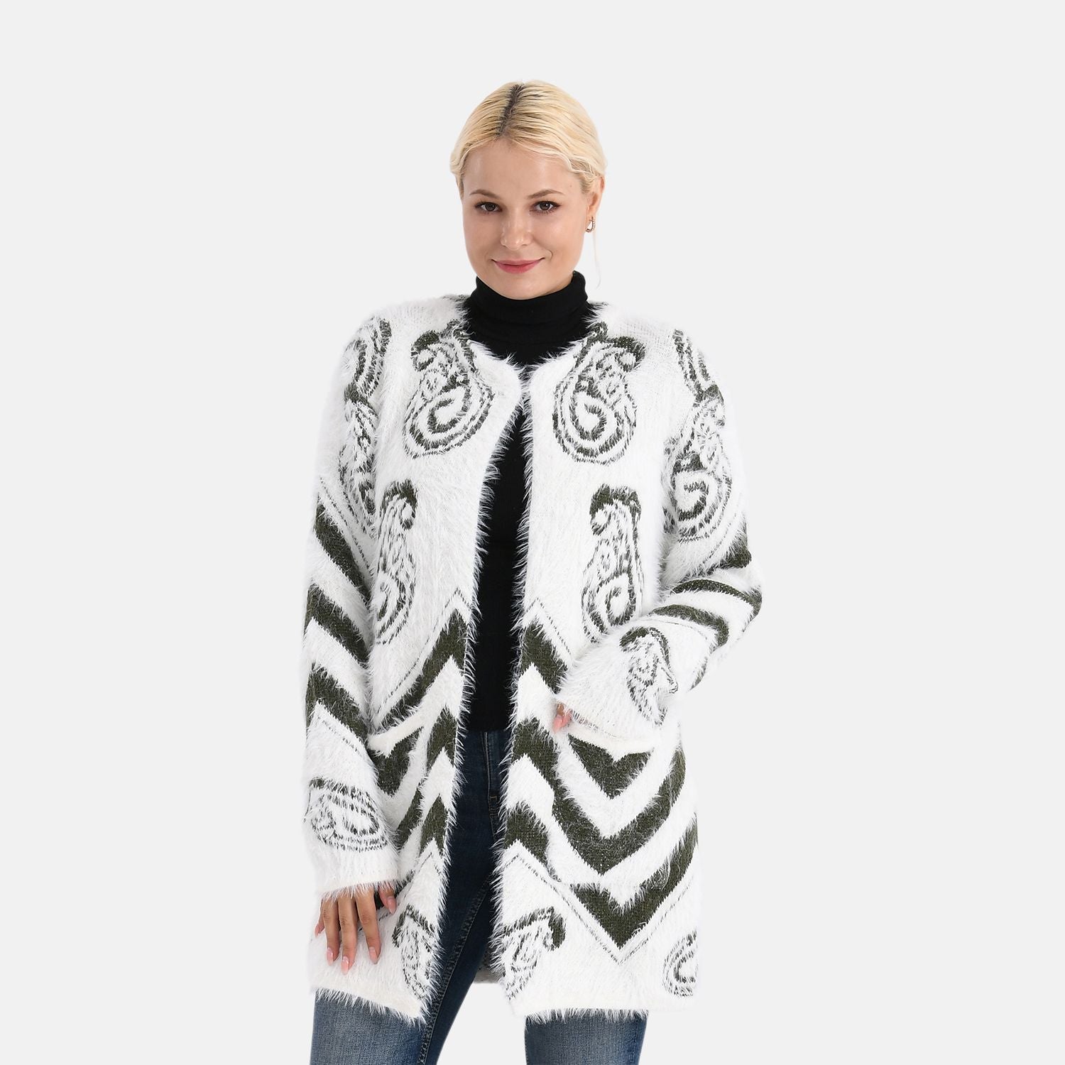 Gemusterter Cardigan mit Taschen, Einheitsgröße, Paisley-Muster, Tiefgrün