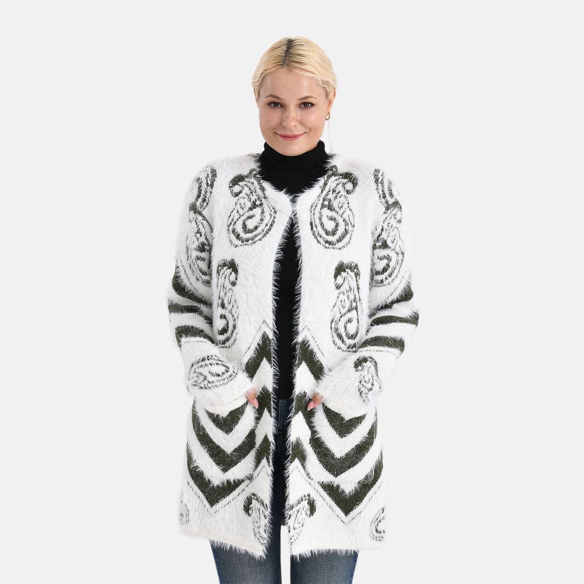 Gemusterter Cardigan mit Taschen, Einheitsgröße, Paisley-Muster, Tiefgrün