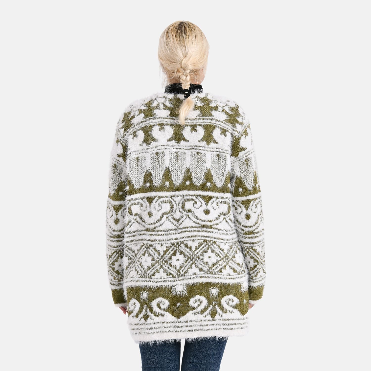 Gemusterter Cardigan mit Taschen, Einheitsgröße, Norweger-Muster, Oliv