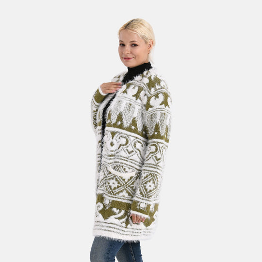 Gemusterter Cardigan mit Taschen, Einheitsgröße, Norweger-Muster, Oliv