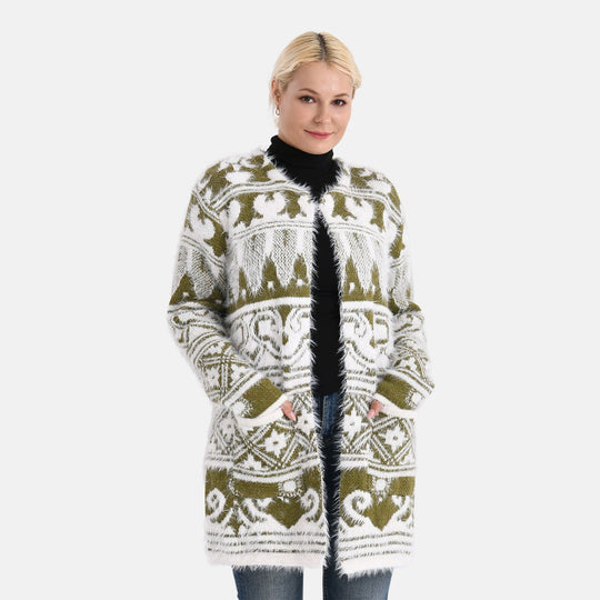Gemusterter Cardigan mit Taschen, Einheitsgröße, Norweger-Muster, Oliv