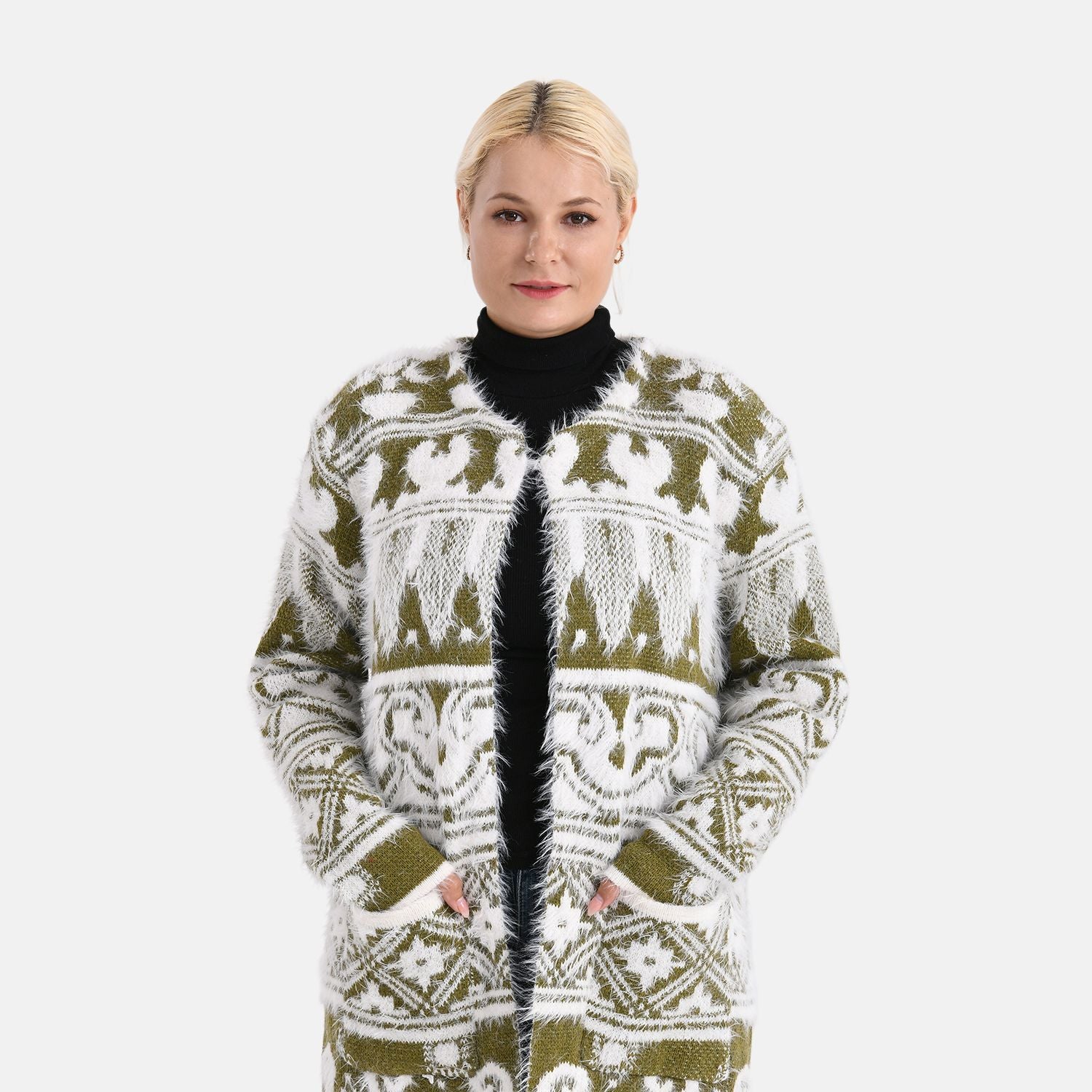 Gemusterter Cardigan mit Taschen, Einheitsgröße, Norweger-Muster, Oliv