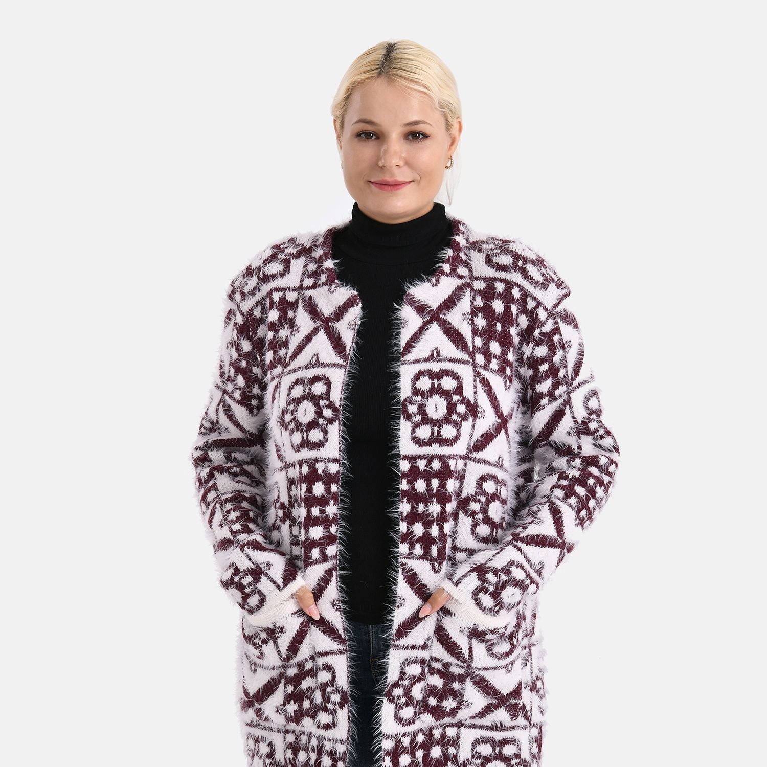 Gemusterter Cardigan mit Taschen, Einheitsgröße, Retro-Muster, Weinrot